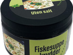 Fiskesuppekrydder uten salt pakket på plastboks