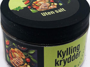 Kyllingkrydder uten salt pakket på plastboks