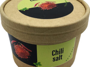 Chilisalt som strøsalt pakket på pappboks