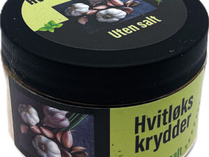 Hvitløkskrydder uten salt pakket på plastboks